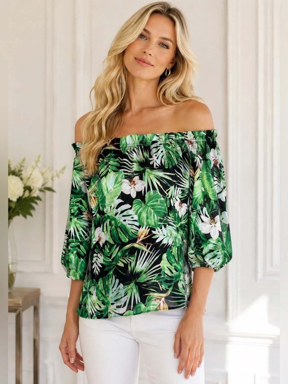 NWOT White House Black Market Green Tropical Print 3/4 Sleeve Top Size S